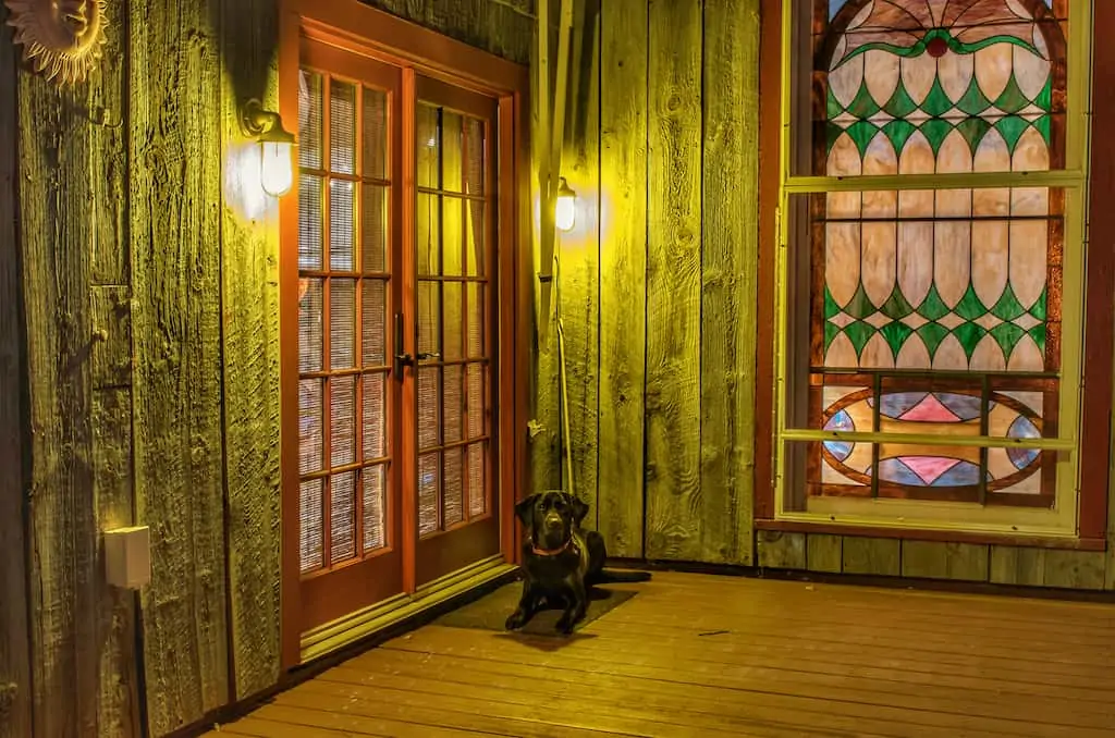 Flynn the labrador laying in front of our vacation rental in Pownal.