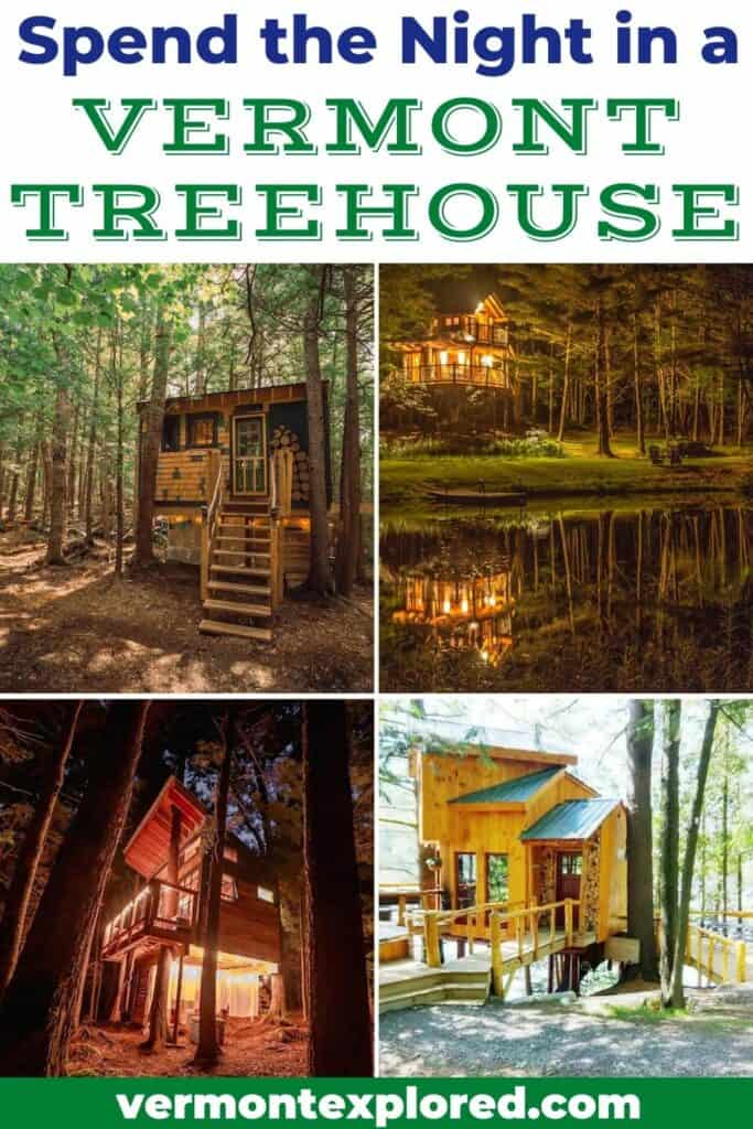 A collage of treehouse photos courtesy of Airbnb. Text overlay: Spend the Night in a Vermont Treehouse