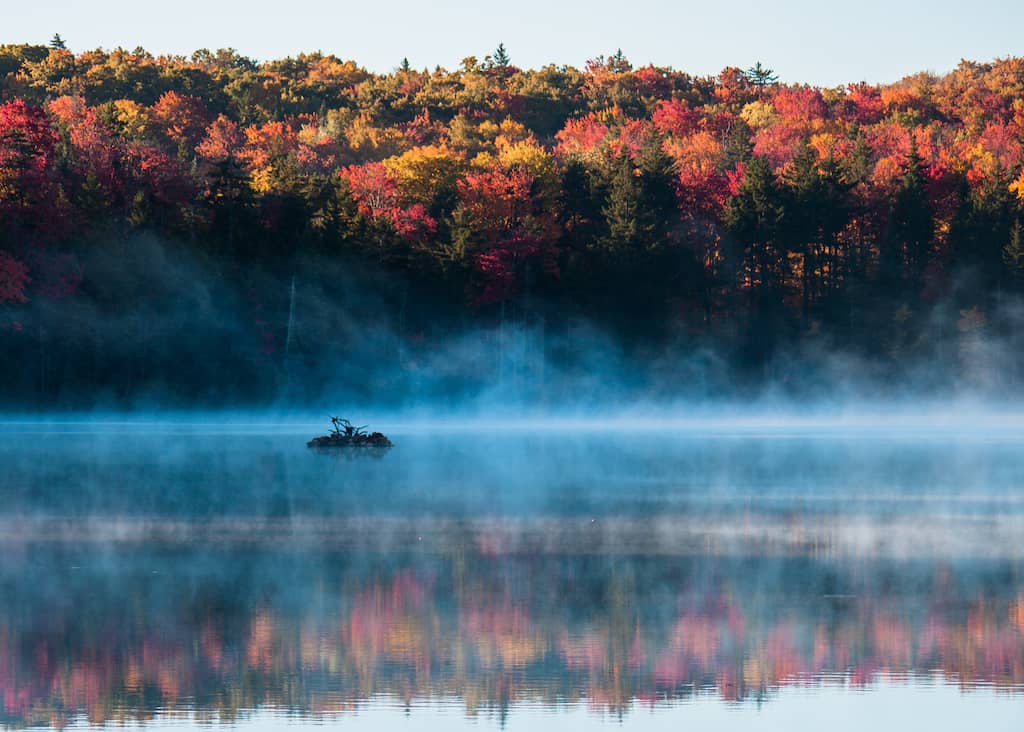 Vermont fall foliage photography featuring the lake and trees in Woodford State Park.
