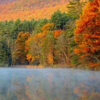 Fall foliage surrounding Lake Shaftsbury in Vermont.