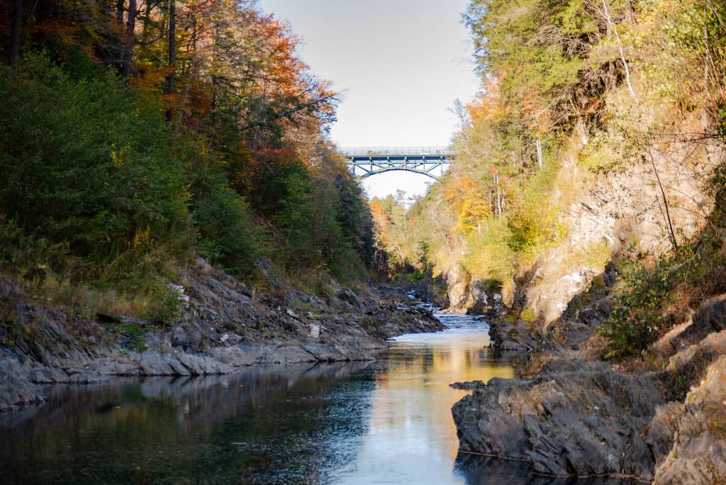 The Route 4 Bridge in Quechee, Vermont as seen from the bottom of Quechee Gorge