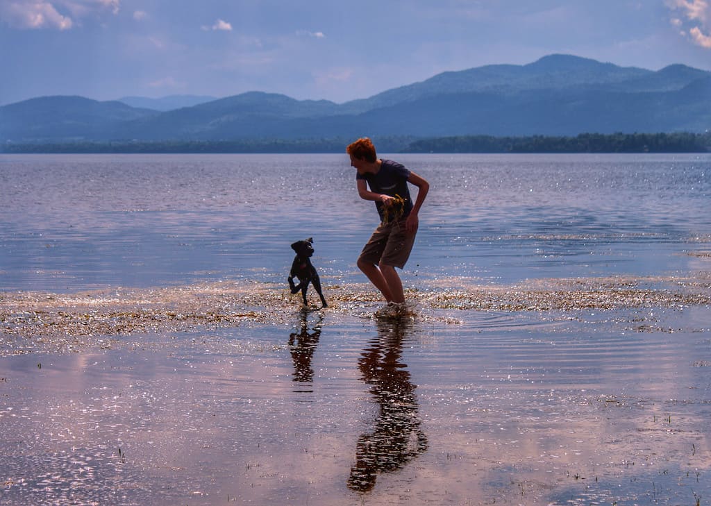 A boy runs through the waters of Lake Champlain with a puppy as the sun sets.