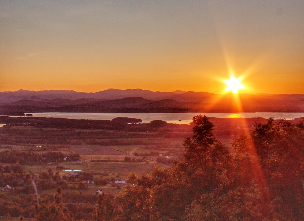 The sunset over Lake Champlain from the top of Mount Philo. 