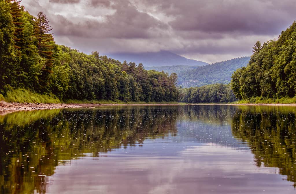 A cloudy view of Mt. Ascutney from the Connecticut River in Windsor, Vermont.