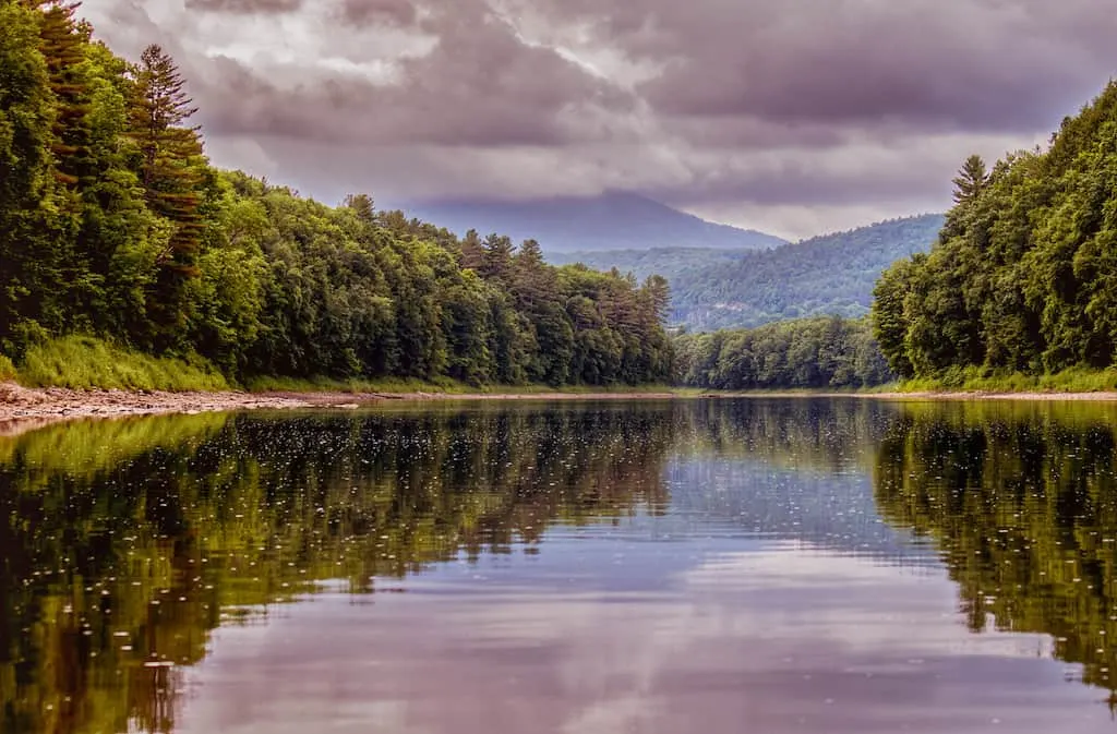 A cloudy view of Mt. Ascutney from the Connecticut River in Windsor, Vermont.