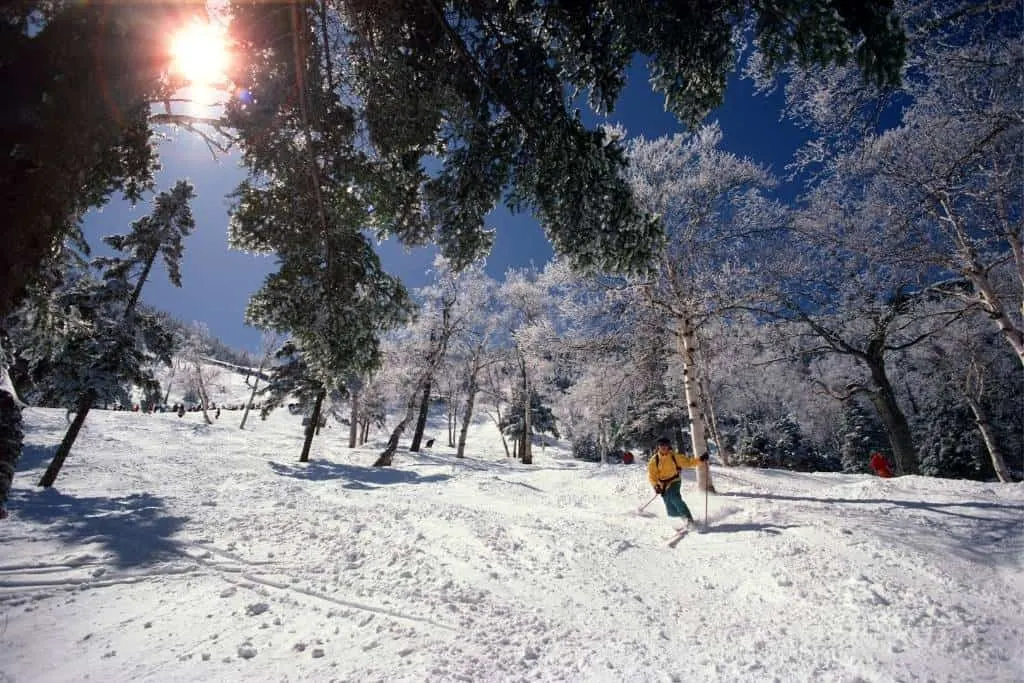 A man skiing in Vermont during the spring.