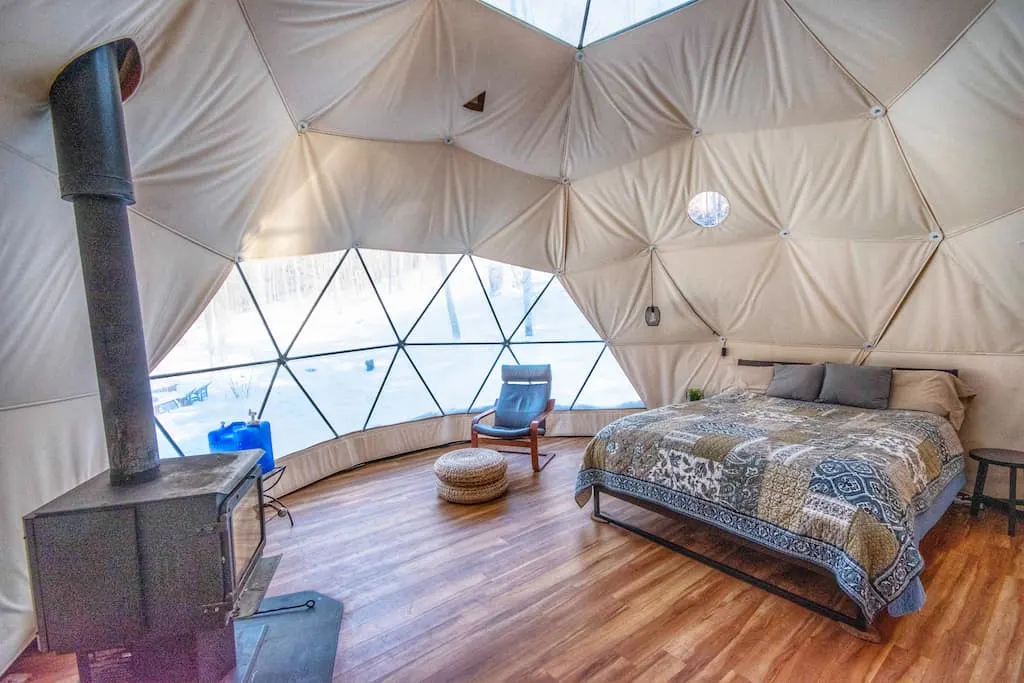 The interior of a geodesic dome for rent in Putney Vermont. 