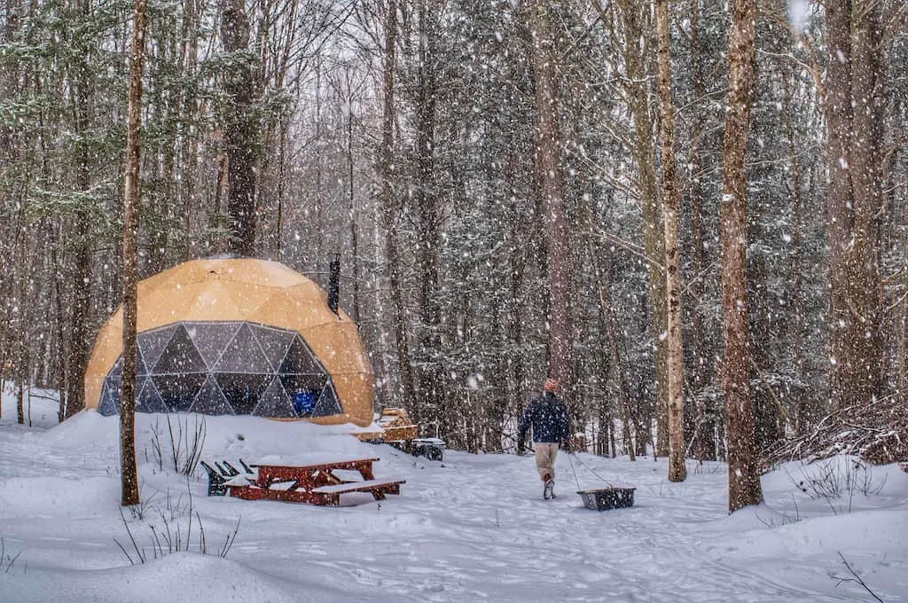 a geodesic dome in Putney Vermont, covered with snow