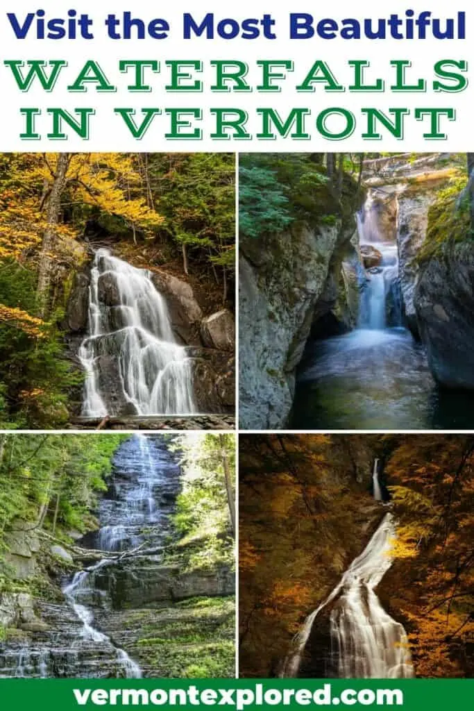 A collage of Vermont waterfalls. Text overlay: Visit the most beautiful waterfalls in Vermont