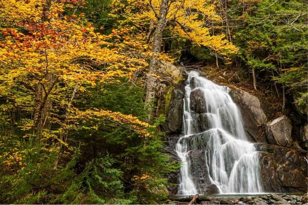 Moss Glen Falls in Granville, Vermont in the fall on Route 100.