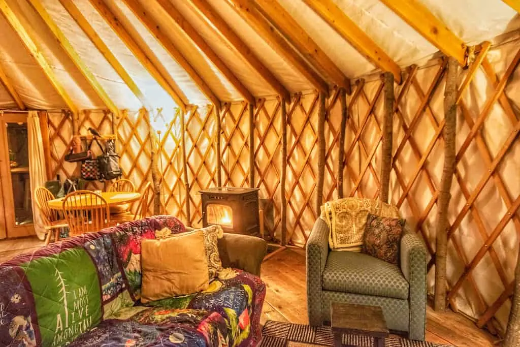 The interior of a yurt for rent in New Haven, Vermont.