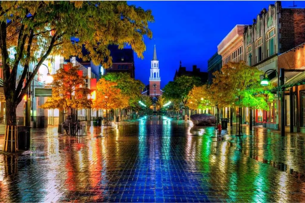 The Church Street Marketplace in Burlington, Vermont in fall.