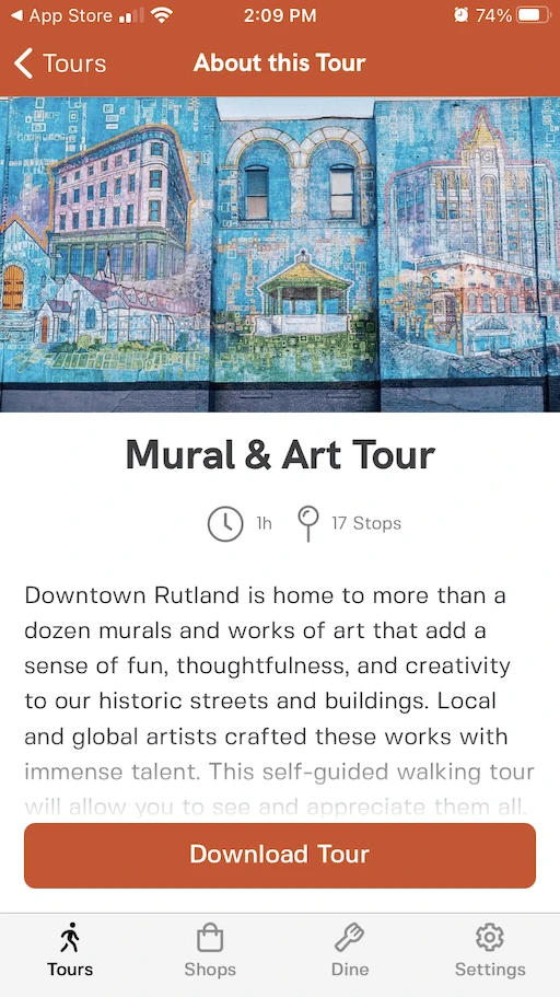A screenshot of the downtown Rutland Vermont app.