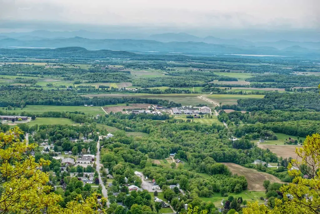 The view of Bristol, Vermont from Bristol Ledges. 