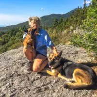 Shirley Harman and her two dogs on Vermont's Long Trail.
