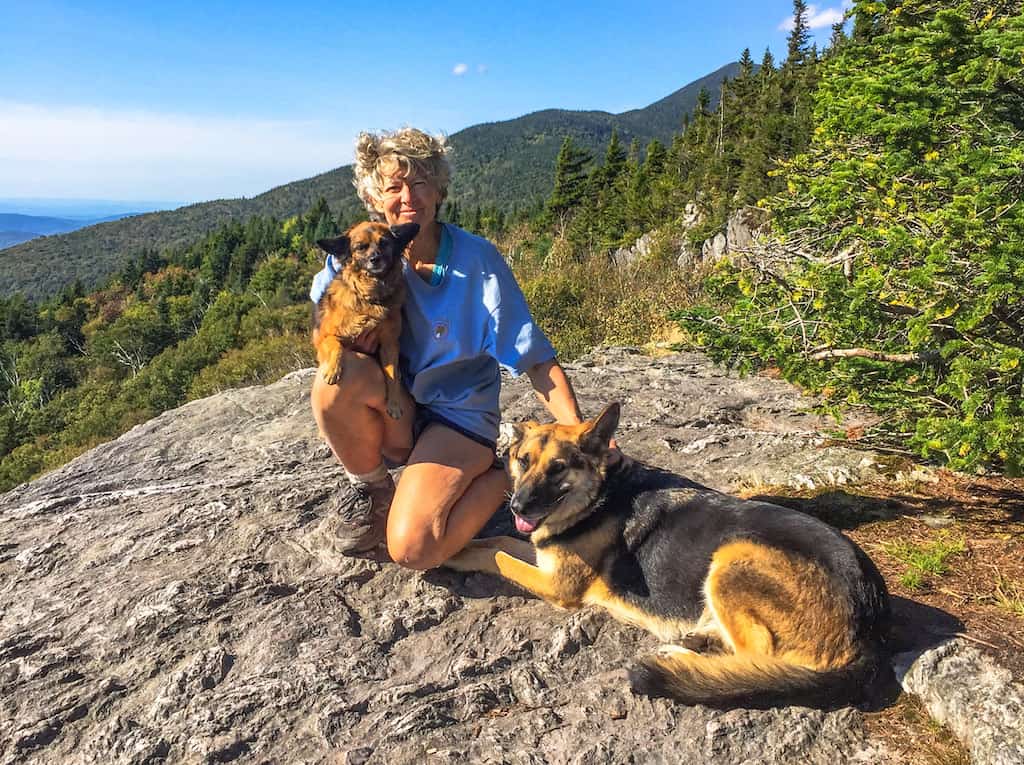 Shirley Harman and her two dogs on Vermont's Long Trail.