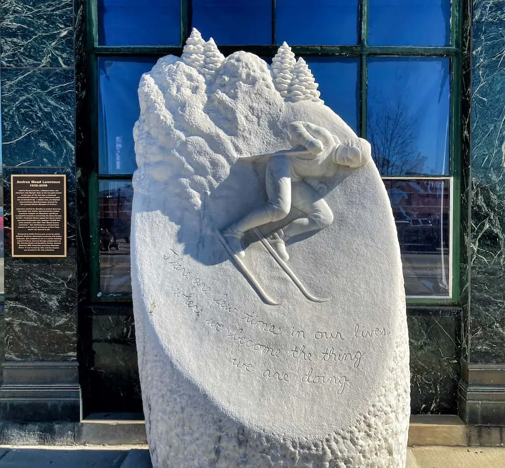 A sculpture of skier Andrea Mead made of marble in Rutland, Vermont.