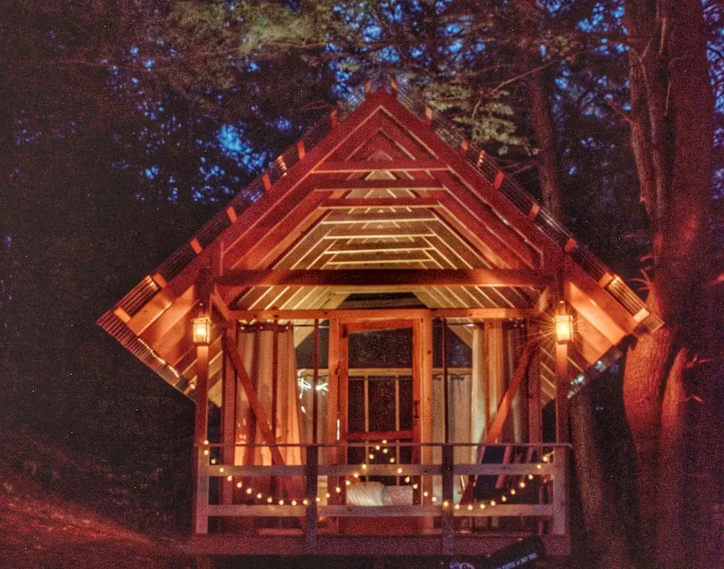 Tanglebloom cabin at night. 