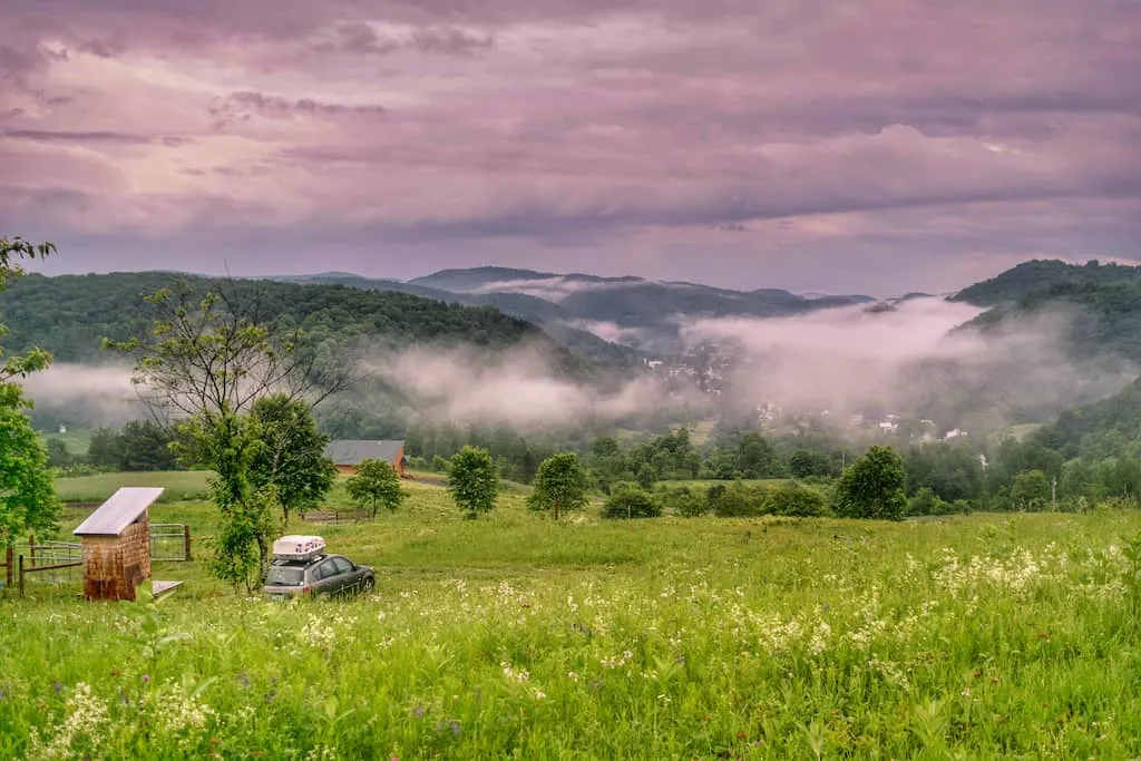 The view from our farm camping site at Free Verse Farm in Vermont.
