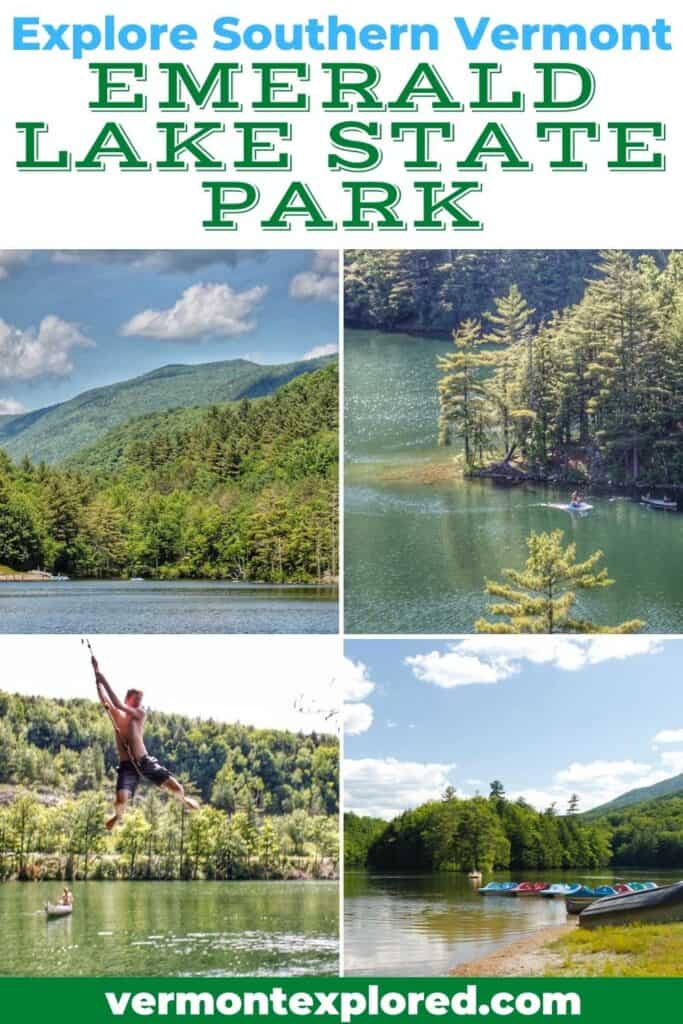 A collage of photos from Emerald Lake in Vermont. Text overlay: Explore Southern Vermont Emerald Lake State Park