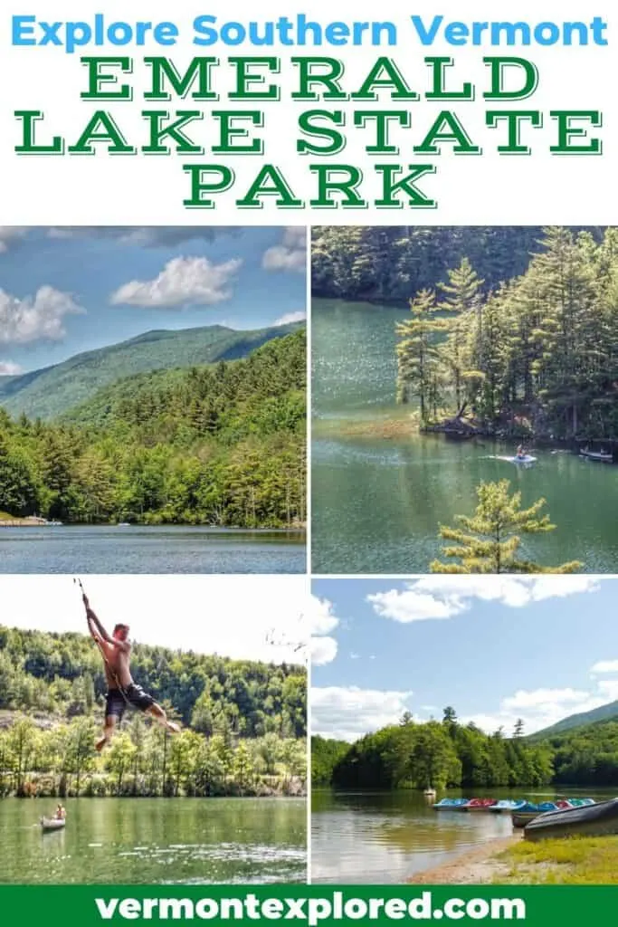 A collage of photos from Emerald Lake in Vermont. Text overlay: Explore Southern Vermont Emerald Lake State Park