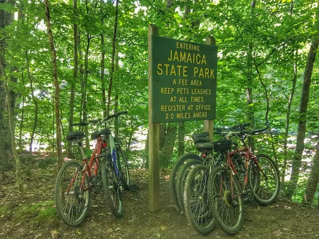 A sign along the West River Rail Trail in Jamaica State Park in Vermont.