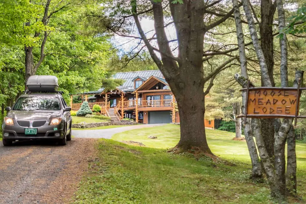 The driveway and entrance to Moose Meadow Lodge in Waterbury, Vermont.