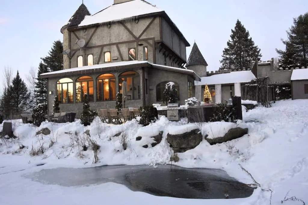 A view of Gregoire Castle in Irasburg, VT covered with snow.