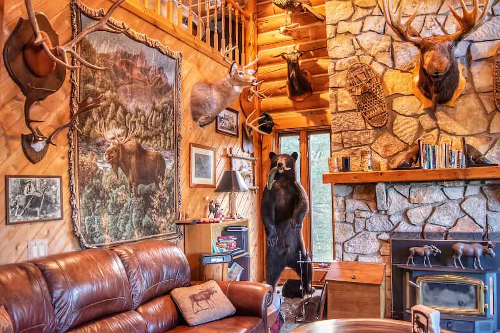 The main living room at Moose Meadow Lodge in Waterbury, Vermont. 