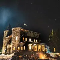 A night shot of the Gregoire Castle in Irasburg, Vermont