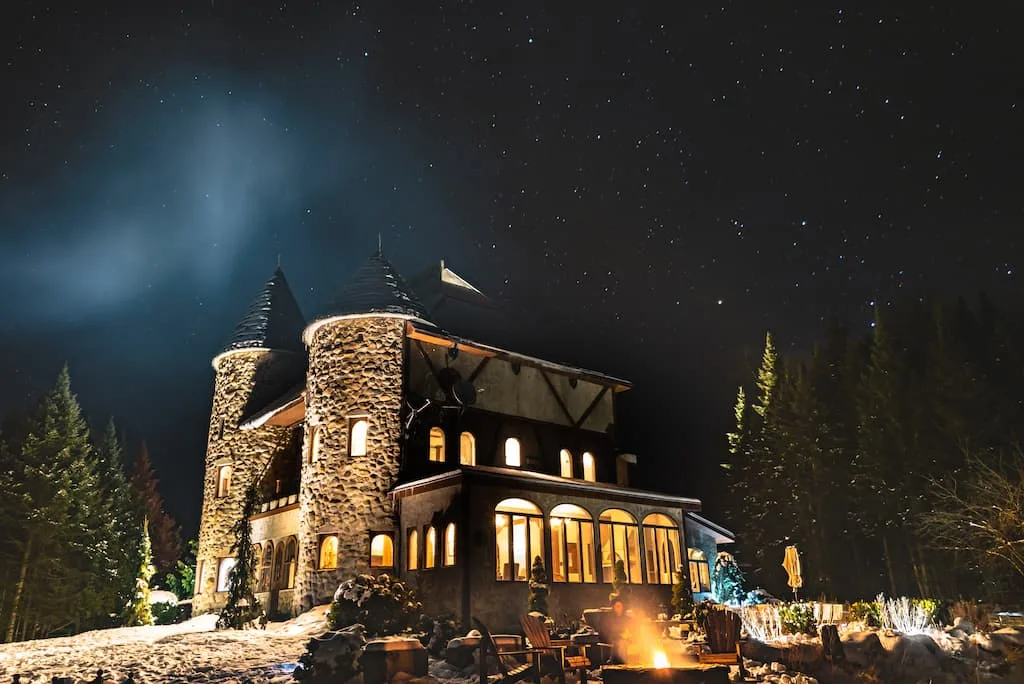 A night shot of the Gregoire Castle in Irasburg, Vermont