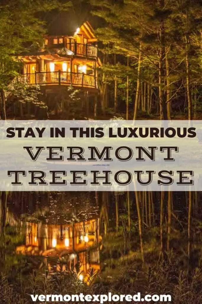 A night view of the treehouse rental at Moose Meadow Lodge in Waterbury, Vermont. Text overlay: Stay in this luxurious Vermont Treehouse