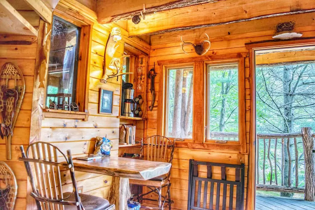 The interior dining area at Moose Meadow Treehouse in Waterbury, Vermont.