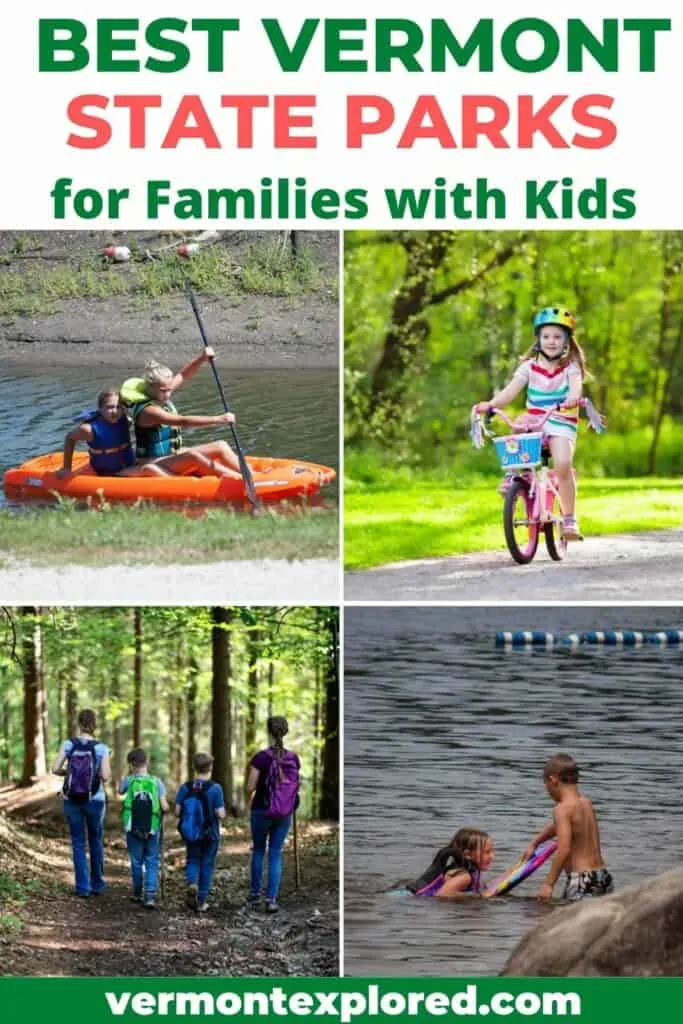 a collage of photos featuring the best Vermont state parks for kids.