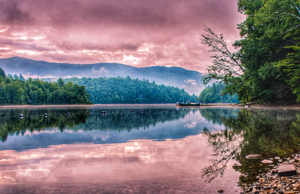 Sunrise over the mountains from Little River State Park in Waterbury, Vermont.