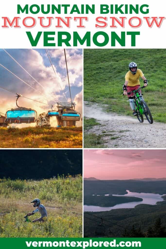 A collage of photos featuring mountain bikes at Mount Snow in Vermont.
