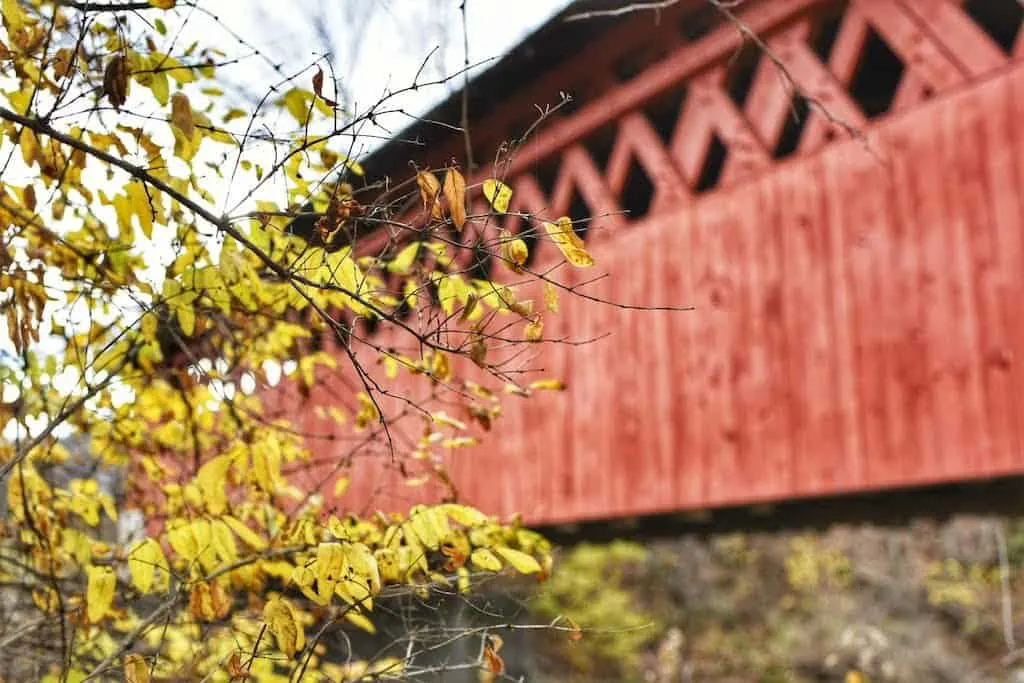 A side view of the Silk Road Covered Bridge in Bennington, Vermont.