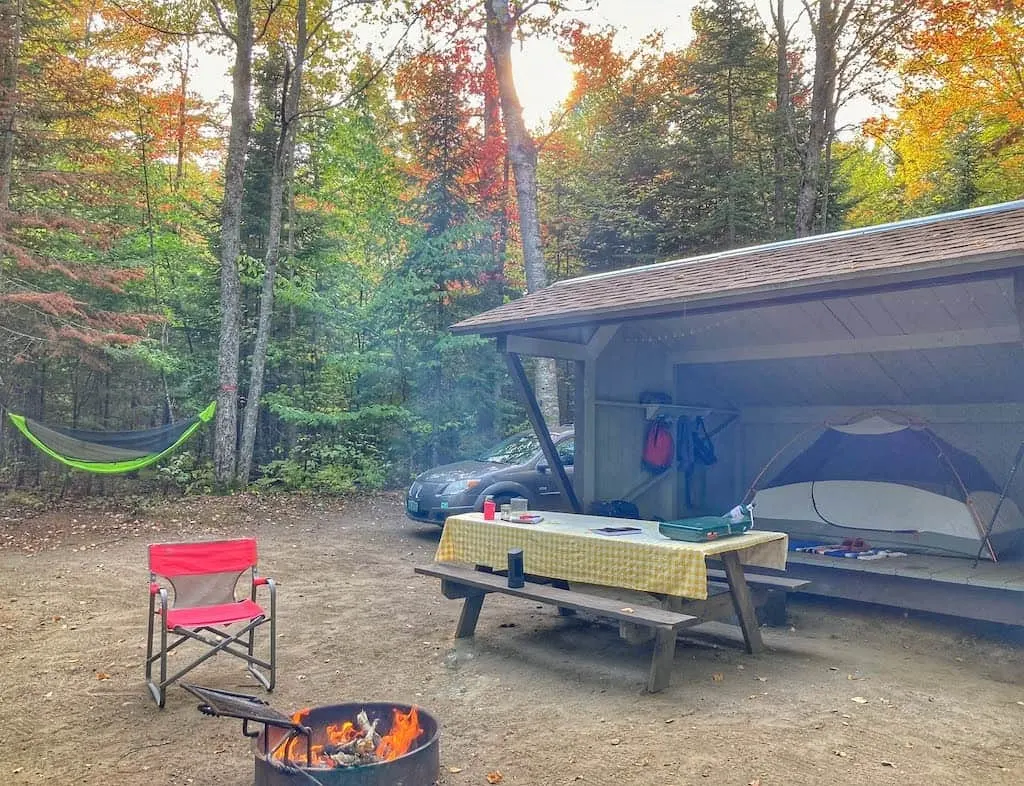 A lean-to camping site at Brighton State Park in Vermont.