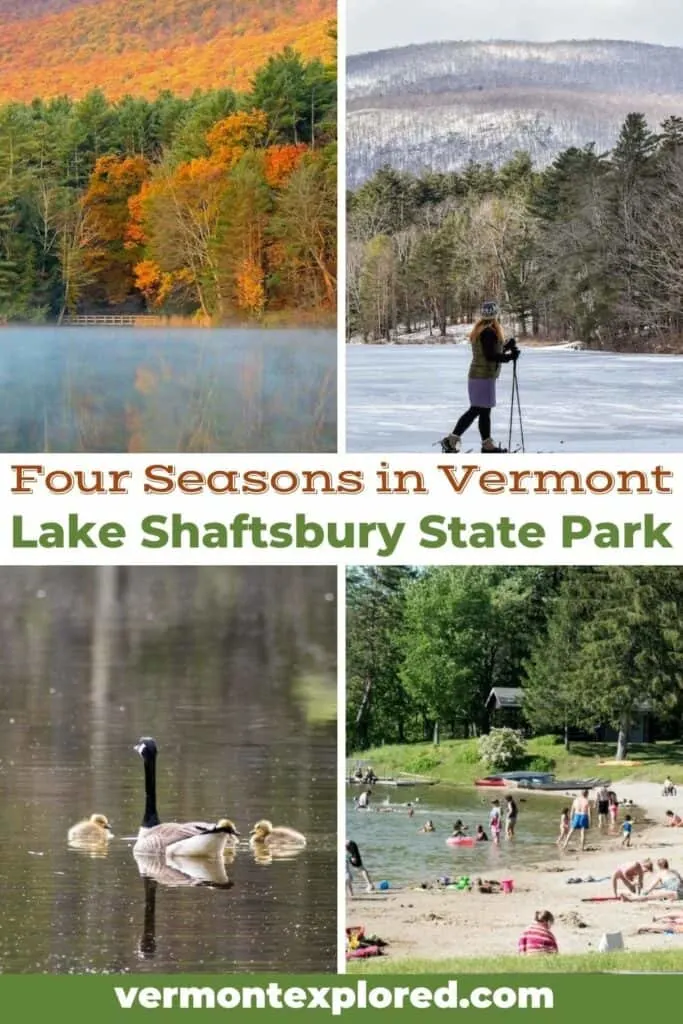A collage of photos featuring Lake Shaftsbury Vermont in all four seasons.
