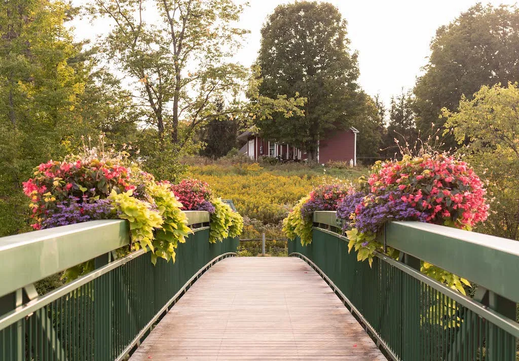 The footbridge in Wilmington, Vermont leading across the river to a 2-mile hiking trail.