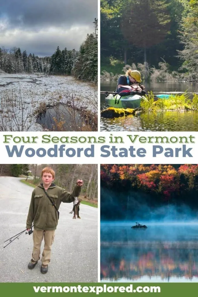 A collage of photos featuring four seasons in Woodford State Park in Vermont.