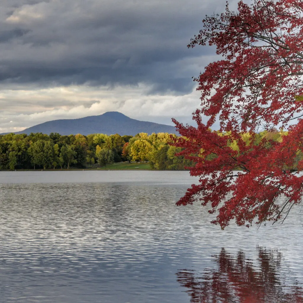 A fall foliage view of Jay Peak from Lake Carmi State Park.