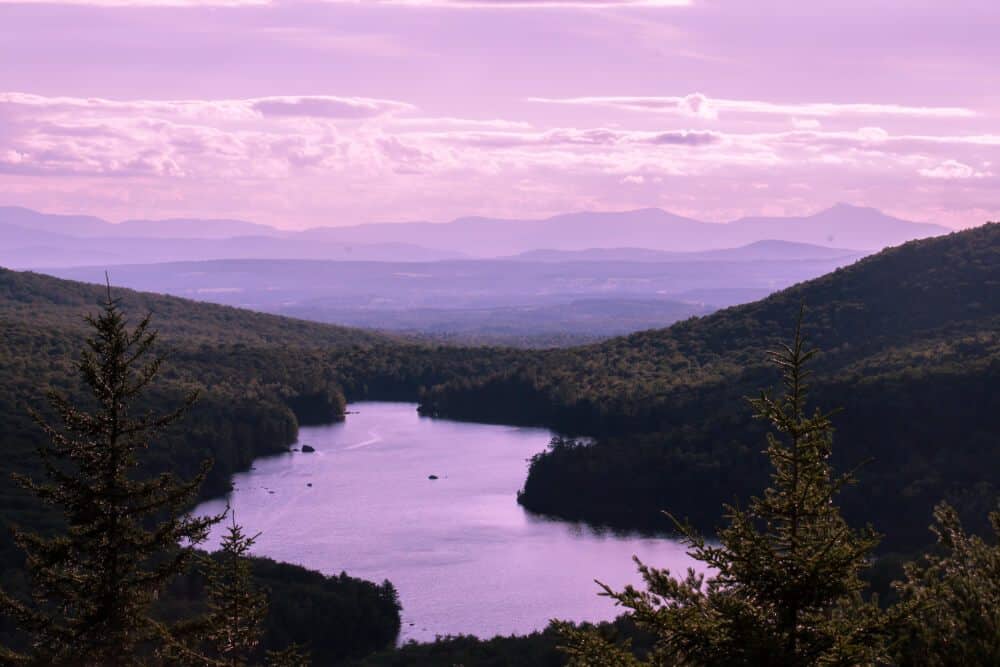 Sunset over Kettle Pond from Owl's Head Mountain in Vermont. 