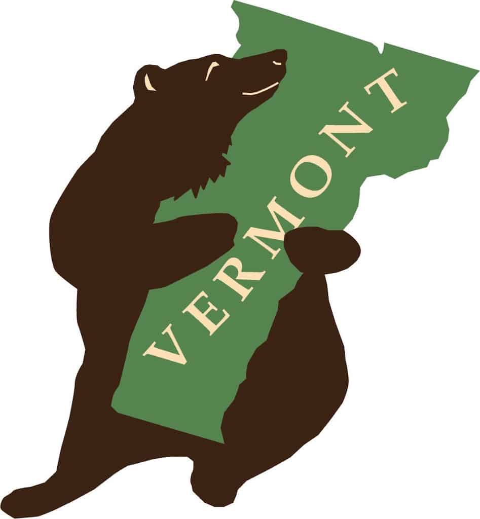 Sticker of a bear holding the state of Vermont in a hug. 