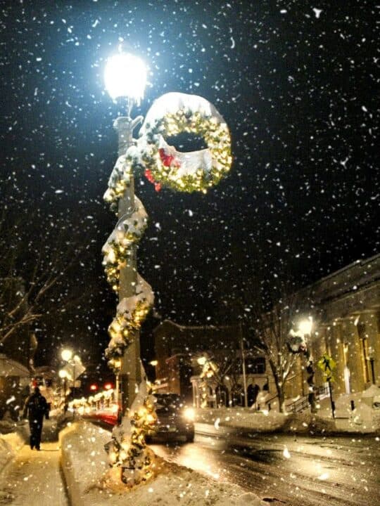 A snowy winter scene in downtown Bennington, Vermont