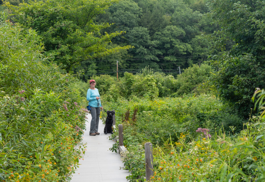 Tara and Malinda standing on a boardwalk to Thundering Brook Falls in Killington, Vermont.