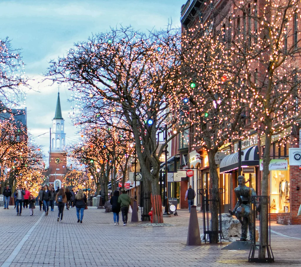 Twinkling lights on Church Street in Burlington, Vermont.