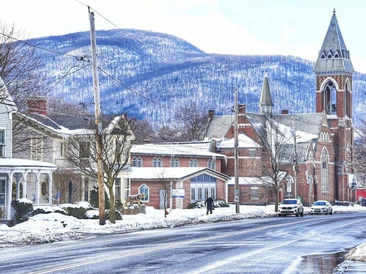 A winter scene on Main Street in Bennington, Vermont.
