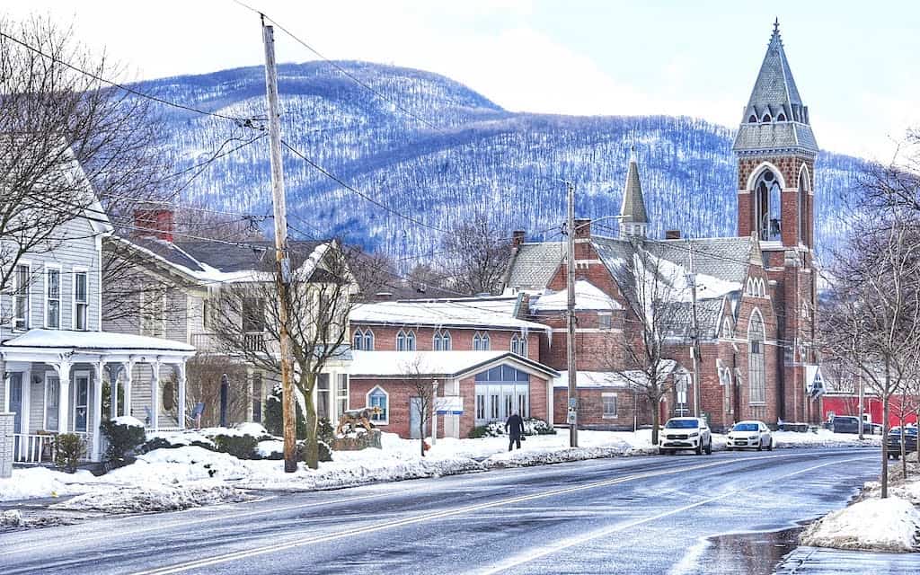A snowy scene featuring Main Street in Bennington, Vermont.