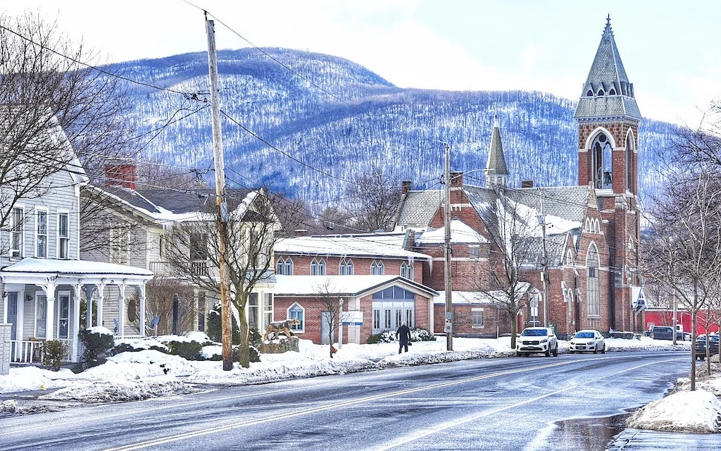 A winter scene on Main Street in Bennington, Vermont.